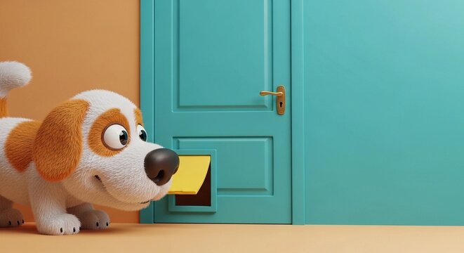 Cartoon dog peeking with curiosity through a cat flap in a vibrant room
