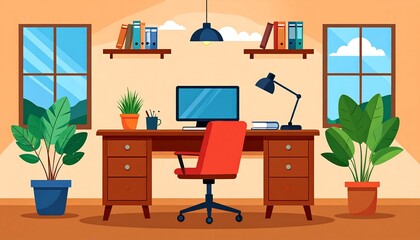 Fototapeta premium Cozy Home Office Workspace with Desk, Chair, and Plants.