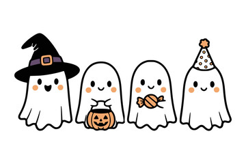 Fototapeta premium Adorable cartoon ghosts with costumes and candy in a minimalist style on white background, concept of festive Halloween fun
