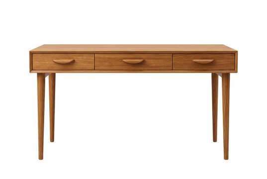Wooden console desk with three drawers isolated. Office furniture mockup.