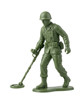 Green plastic toy soldier with mine detector isolated. Army figurine concept.