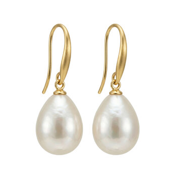 Golden pearl drop earrings isolated. Luxury jewelry mockup.