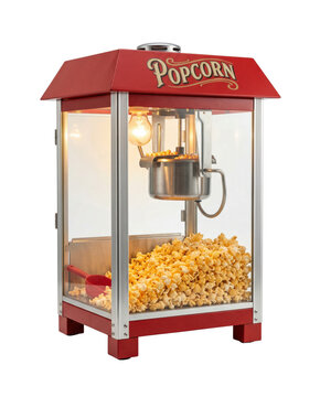 Red vintage popcorn machine isolated. Cinema snack equipment mockup.