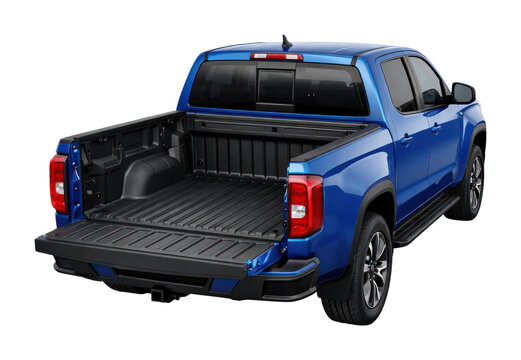 PNG Blue pickup truck with tailgate.