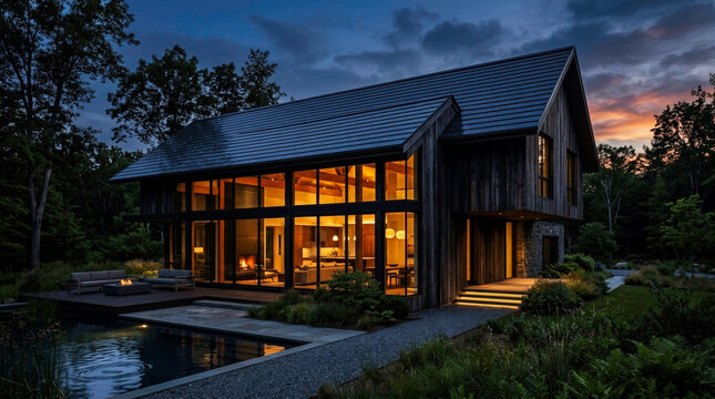 Modern Mountain Lodge with Large Windows and Forest View