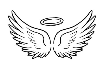 Fototapeta premium Holy angel wings with nimbus, hand drawn sketch illustration, symmetrical halo design on white background