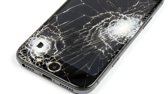 Severely cracked smartphone screen with visible damage patterns and impact marks