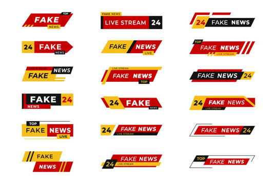 Collection of fake news banner templates in red, yellow and black with live stream and 24 labels. Concept of broadcast graphics, media tags and misinformation content