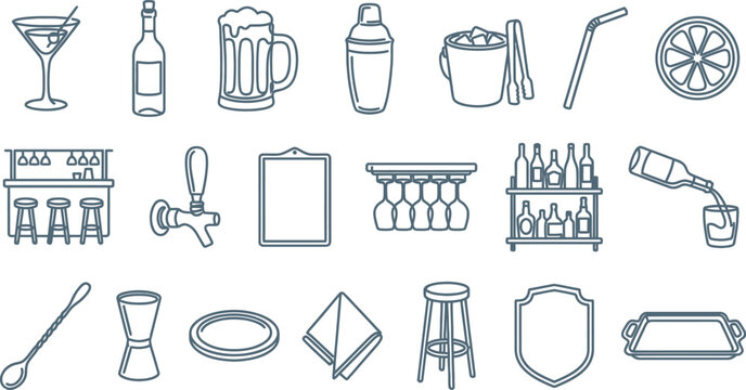 A collection of black line art icons representing various professional bar equipment and alcoholic beverage service supplies
