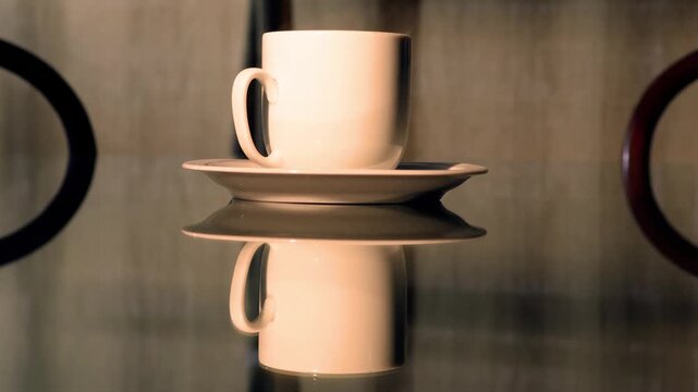 Taza de cafe sobre mesa de vidrio en living.