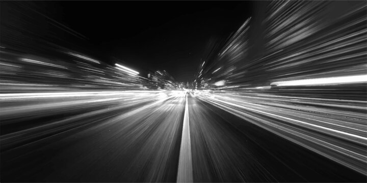 A fast car driving on a night highway creates an abstract motion blur background with speed lights and perspective views along the city asphalt road