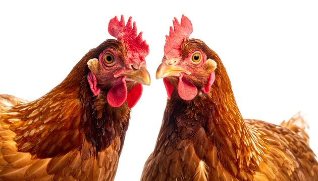 Two Brown Chickens Facing Each Other with Red Combs.
