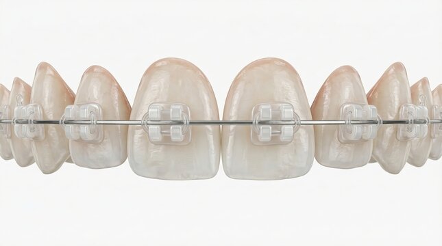 Metal braces with ceramic brackets close-up upper teeth macro