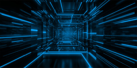 Fototapeta premium Abstract blue technology tunnel background featuring a futuristic 3d digital pattern with a glowing square design and tech data light for a virtual business wallpaper backdrop