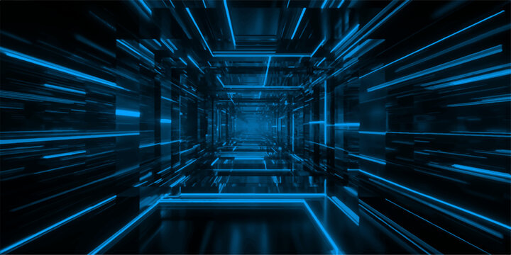 Abstract blue technology tunnel background featuring a futuristic 3d digital pattern with a glowing square design and tech data light for a virtual business wallpaper backdrop