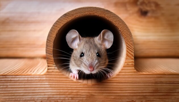 a small mouse peeking through a hole in a wooden structure highlighting the common issue of rodent infestation in homes this image underscores the importance of pest prevention and control in mainta