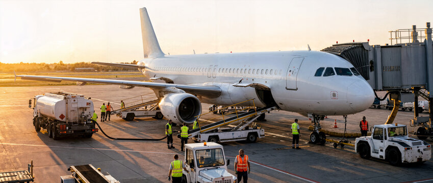 Airport ground crew fueling airplane at sunset