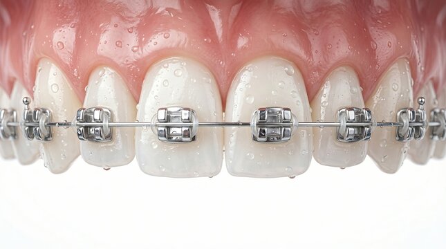 Freshly cleaned teeth with metal braces and water droplets macro