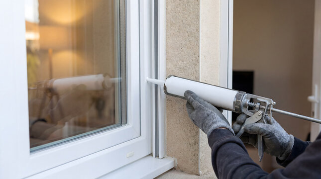 Hand applying caulk sealant gun insulating window frame