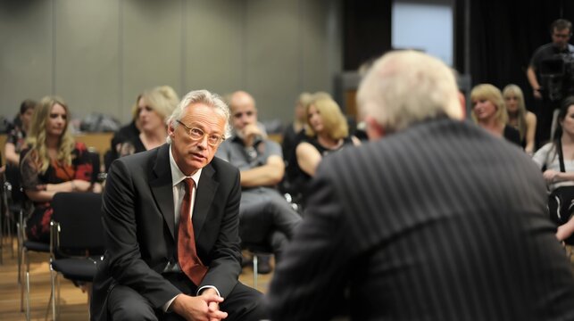A town hall meeting and public forum with a man speaking to an audience at a community event political debate or corporate presentation A diverse group of people are listening attentively.