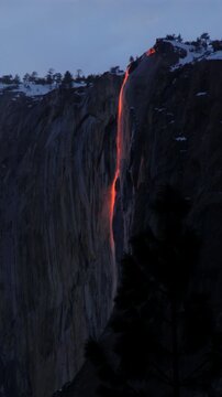 Vertical Screen: Yosemite National Park Firefall phenomenon with glowing orange waterfall cascading down El Capitan granite cliff face during sunset in winter with snow-capped peaks and pine trees