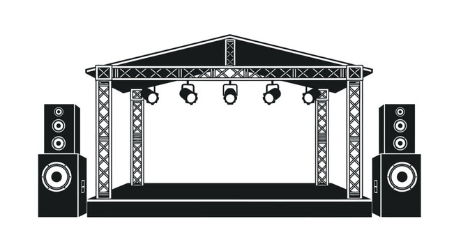 Black and white illustration of a stage with speakers and spotlights for live performances