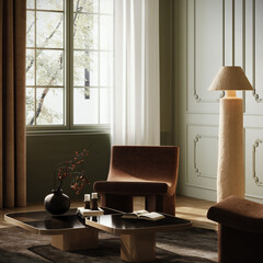 Modern interior design. Living room. Contemporary home interior. 3D Rendering, 3D Illustration