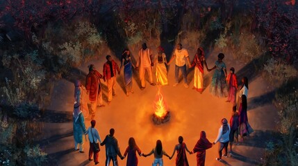Stock illustration community healing and unity showing a diverse group of people holding hands around a campfire.