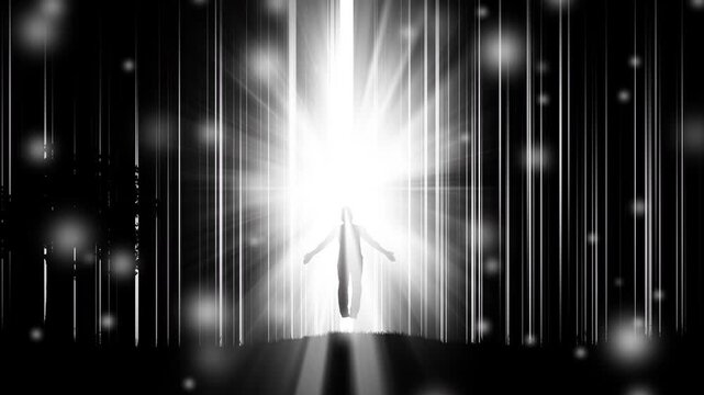 A silhouette of a man in nature among glowing lights, flying toward a bright light in a huge digital wall. The idea of ​​escaping the matrix, the system, freedom of choice, open mind, meditation. 4K