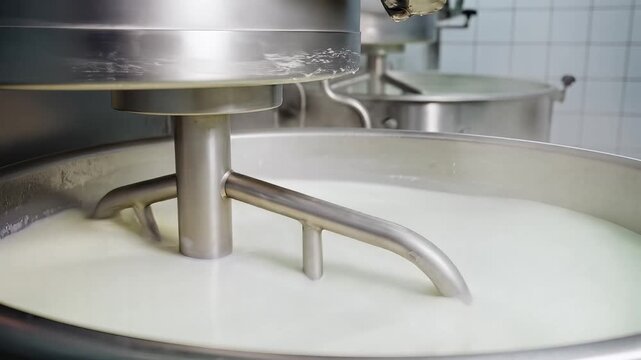 Industrial Cheese Making Process in a Large Vat.