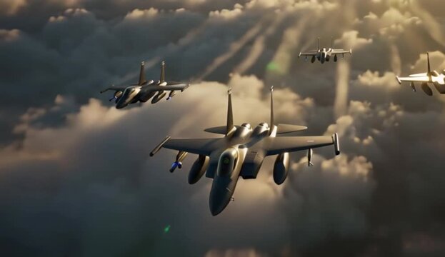 Fighter Jets Squadron Flying Through Golden Clouds at Sunset