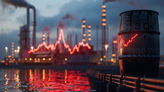 Black oil barrel next to rising red bar graphs symbolizing oil price hikes and geopolitical tensions