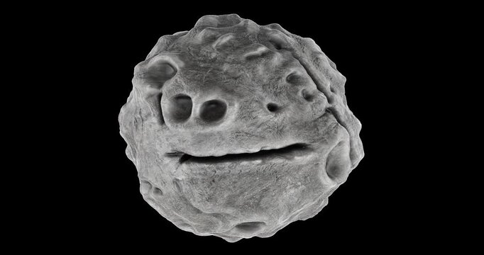 Cratered asteroid, meteorite rotation animation seamlessly loopable. 3D rendering isolated on transparent background