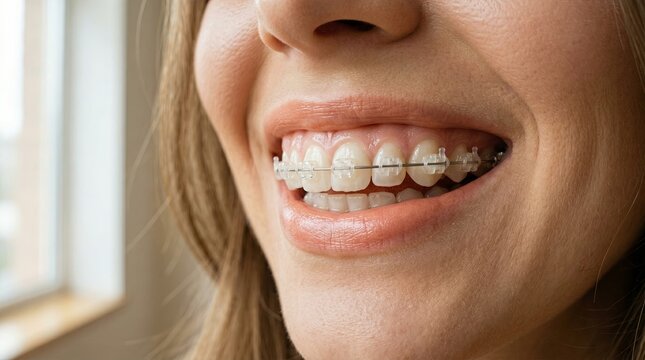 Elegant partial smile with transparent ceramic braces close-up