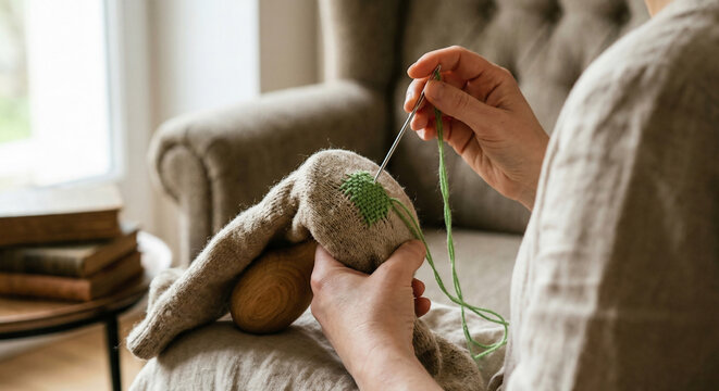 Hands darning a worn wool sock using colorful yarn and a wooden darning mushroom