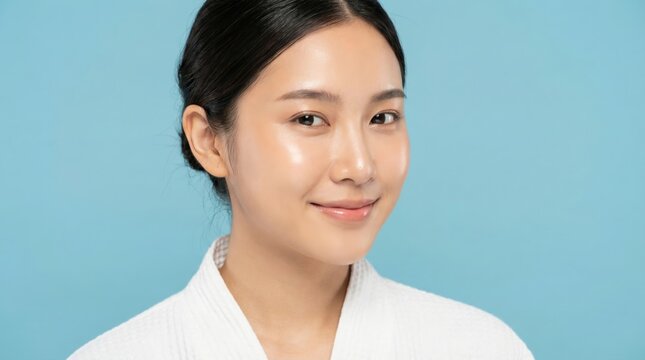 A beautiful asian woman with perfect skin, radiant and beaming with confidence. She has a serene smile on her face. A healthy glowing face of a woman