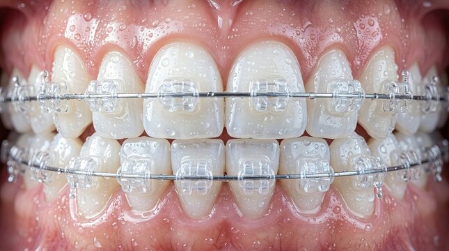 Fresh ceramic braces macro with water droplets after dental cleaning