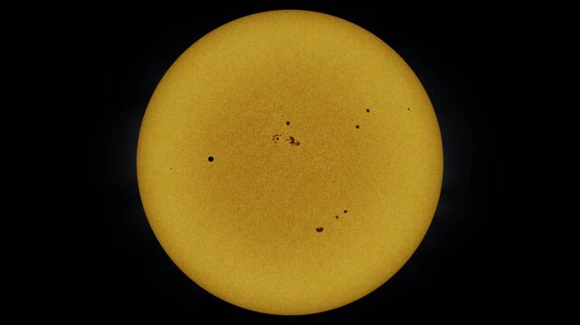 Animated educational astrophysics visualization of Mercury transiting the Sun showing accurate orbital motion Sun is glowing sphere with plasma surface Mercury is dark disk crossing solar face