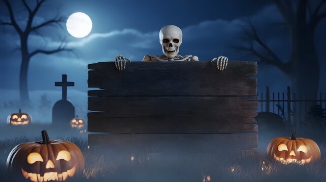 Skeleton peeking over wooden fence in spooky Halloween graveyard
