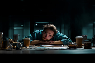 Obraz premium Exhausted man working late at night with messy table