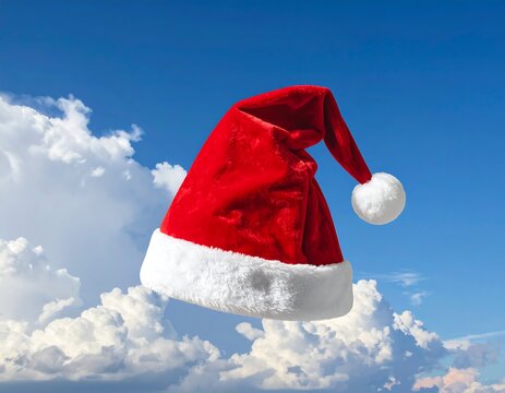 Santa Claus Hat Floating in the Sky with Clouds.