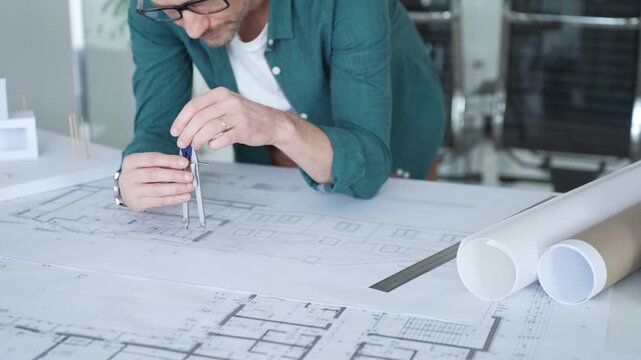 Architect drawing floor plan using compass at office creating building design and structure layout. Architecture and business concept