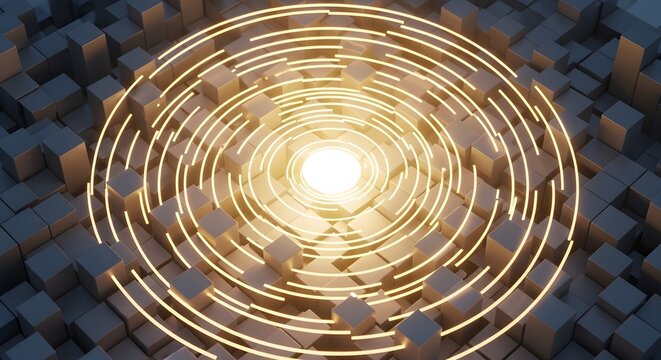 Bright Circular Light Core Over Abstract Cubic Grid