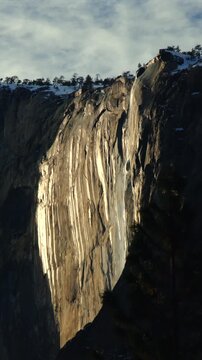 Vertical Screen: Yosemite National Park Firefall captures stunning golden sunlight illuminating Horsetail Fall cascading down El Capitan granite cliff face with snow-covered trees above