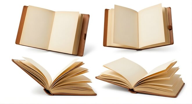 Open Blank Leather Bound Books at Various Angles -Vintage Journal Notebook Set