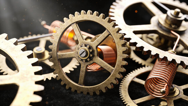 Intricate brass clock mechanism
