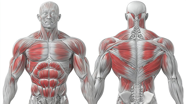 Human core muscle anatomy highlighted front and back views