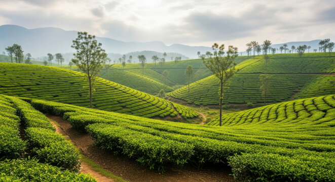 misty tea plantation hills at sunrise