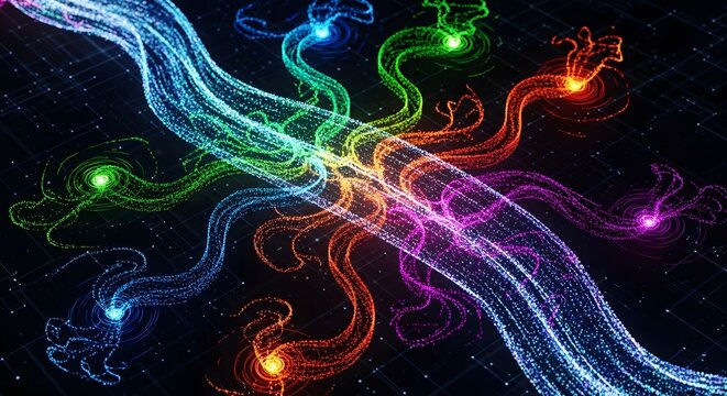 Colorful Abstract Energy Streams Intertwined Across Dark Background