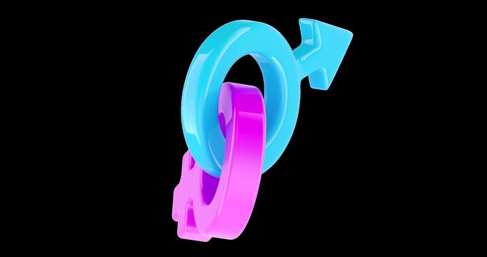 Blue male and pink female gender symbols intertwined, rotation animation seamlessly loopable. 3D rendering isolated on transparent background